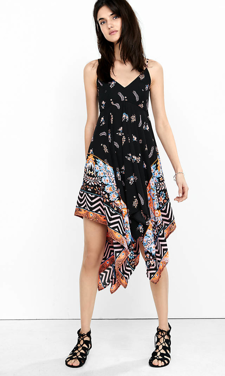 Black Floral Print Handkerchief Hem Sundress