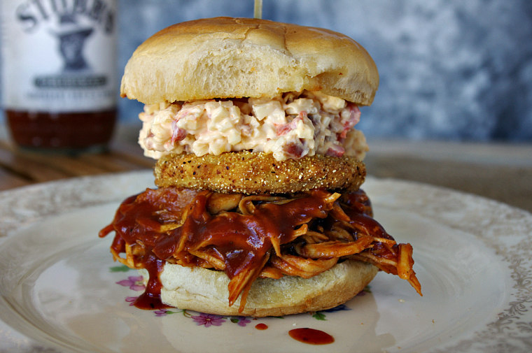 Slow-Cooker BBQ Chicken Sandwich with Fried Green Tomato, Bacon and Pimento Cheese