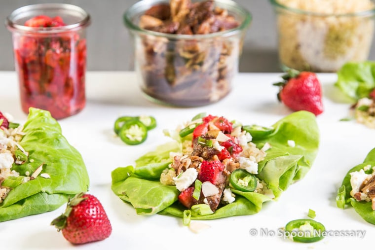 Slow-Cooker Strawberry, Jalapeno and Rum Pulled Chicken Lettuce Wraps with Strawberry Salsa, Goat Cheese, Quinoa and Almonds