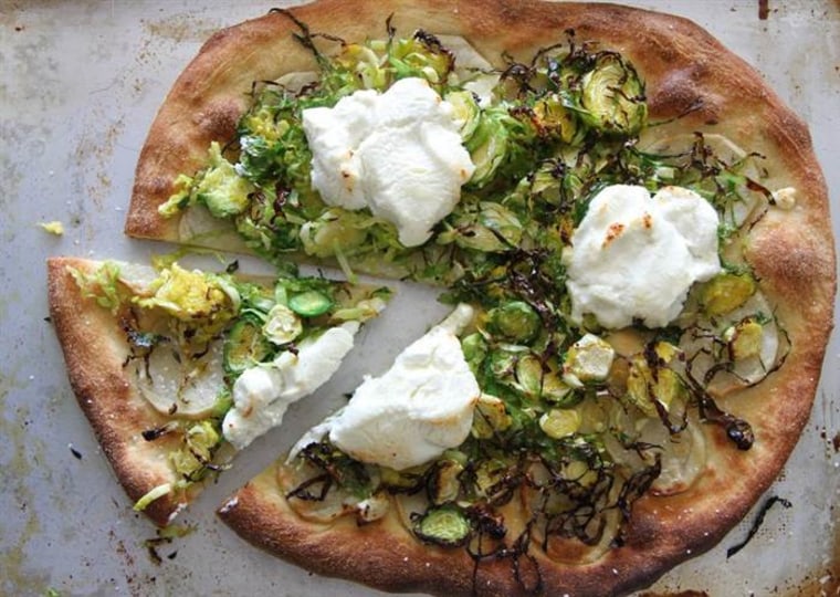 Potato, Brussels sprouts and goat cheese pizza pie from Heather Christo