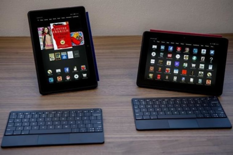New Amazon Kindle Fire HDX 8.9 Tablets are displayed during a launch event in New York