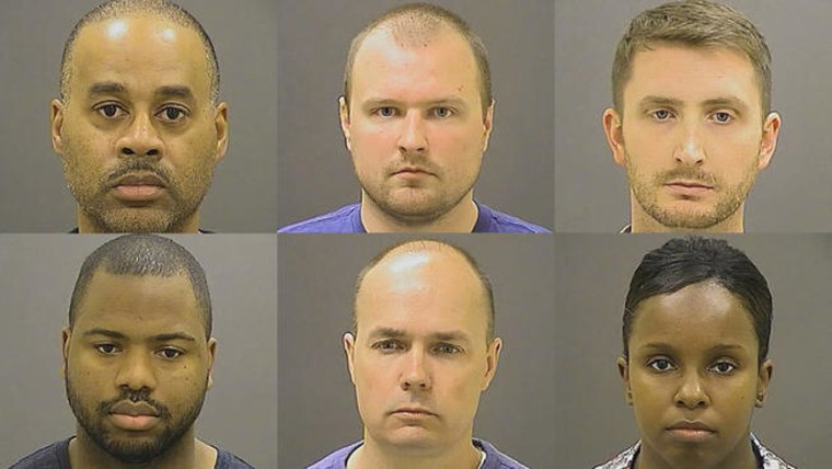 The six Baltimore police officers charged in the death of Freddie Gray. From left to right, top row: Officer Caesar R. Goodson, Jr.; Officer Garrett E. Miller; Officer Edward M. Nero. Left to right, bottom row: Officer William G. Porter; Lt. Brian W. Rice; and Sgt. Alicia D. White.