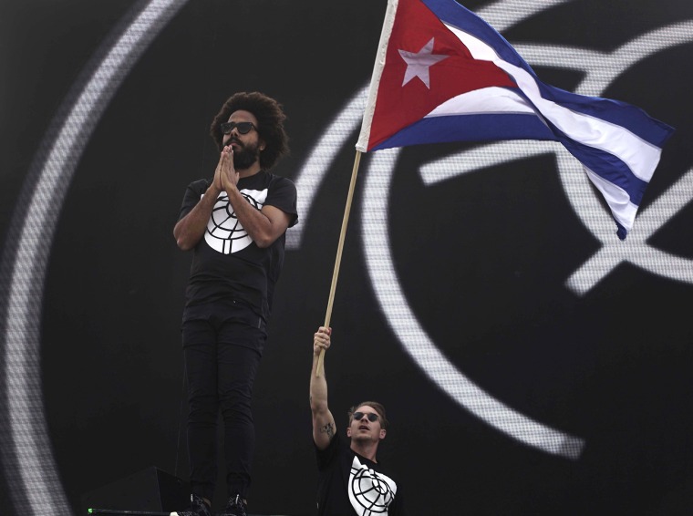 Image: Diplo of the U.S. electronic music group Major Lazer waves a Cuban flag