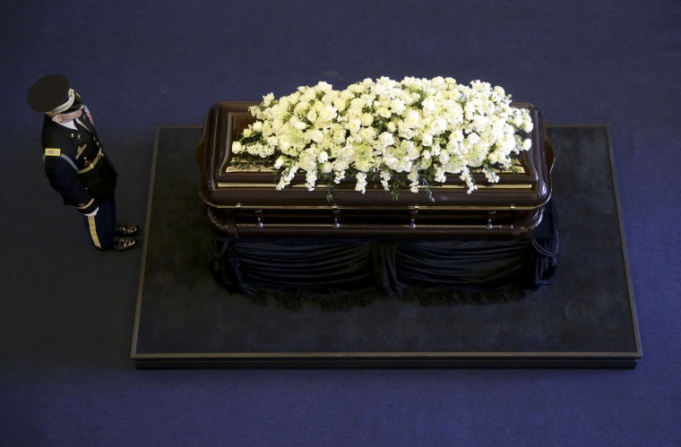 Image: An honor guard stands over the casket of former first lady Nancy Reagan, wife of former President Ronald Reagan, at the Ronald Reagan Library in Simi Valley