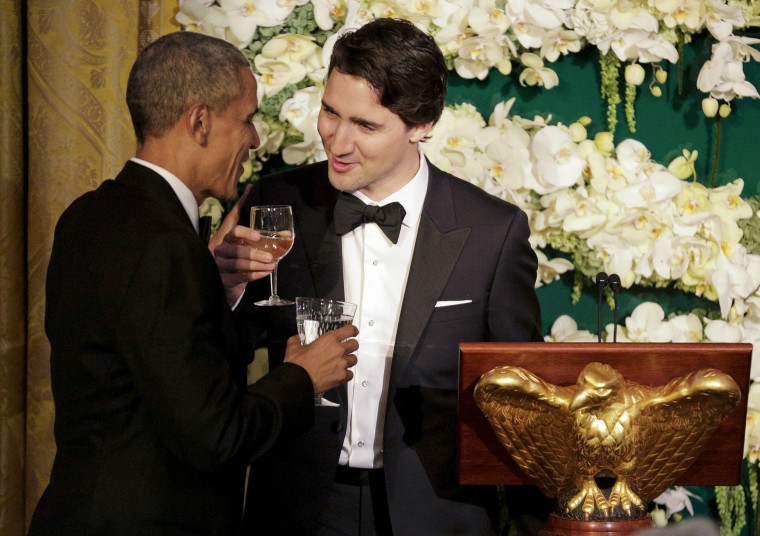 Image: Canada's Prime Minister Justin Trudeau toasts U.S. President Barack Obama during a state dinner at the White House in Washington