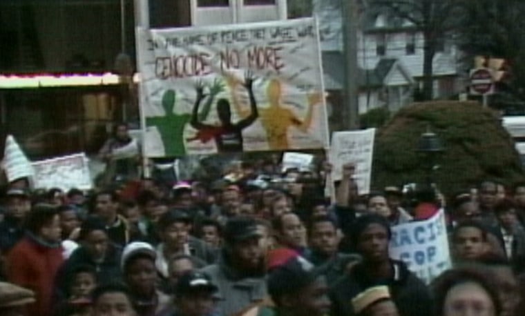 Image: Protesters march following the death of Phillip Pannell in teaneck, New Jersey in 1990.