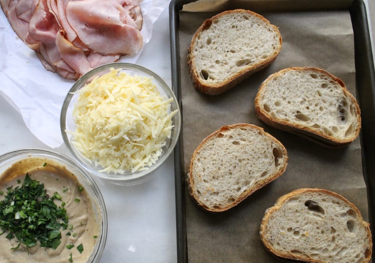 Croque Monsieur: Transfer the béchamel sauce to a bowl and stir in the mustard and herbs