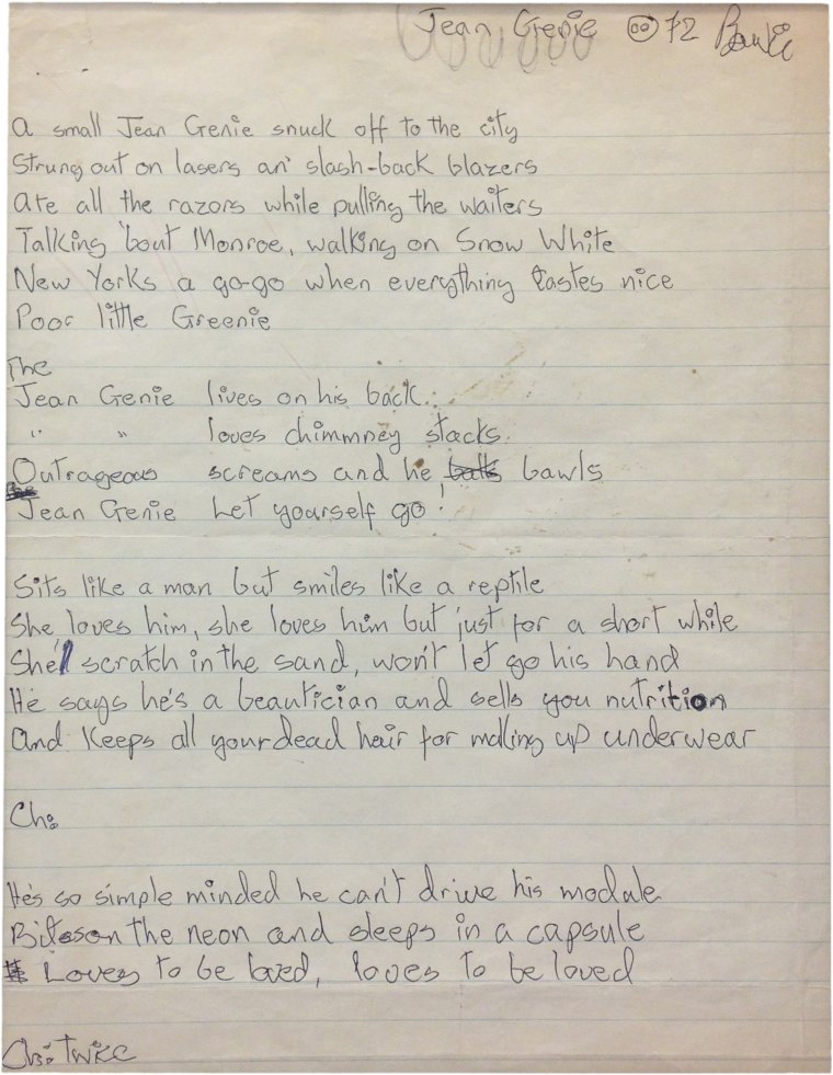 Handwritten lyrics for "The Jean Genie"
