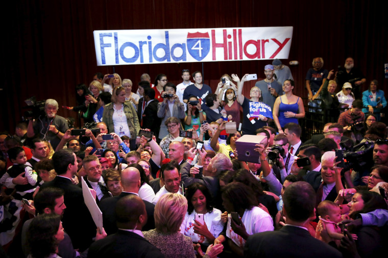 Image: Democratic U.S. presidential candidate Hillary Clinton talks to supporters after a campaign rally in Tampa, Florida