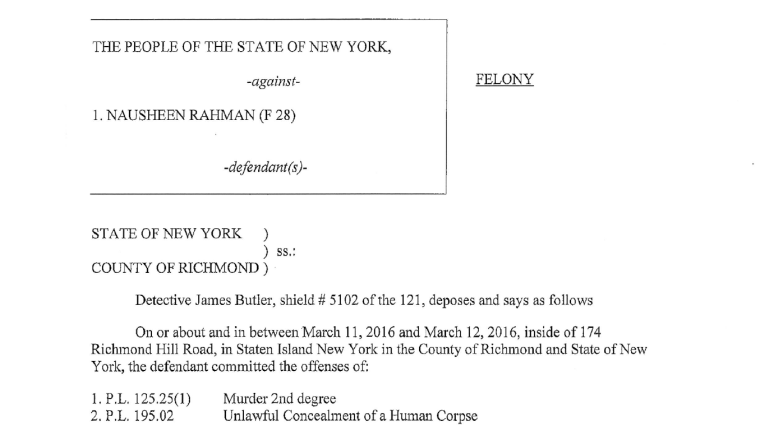 An excerpt of court documents showing the charges against Nausheen Rahman.