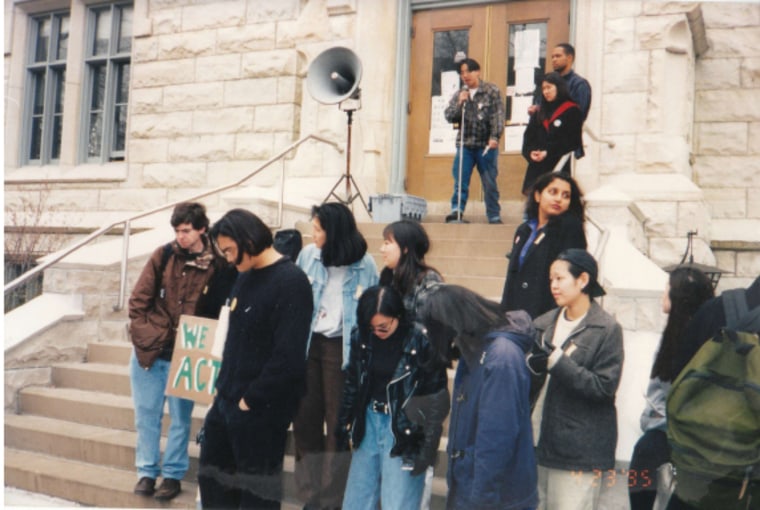 A rally during a 1995 hunger strike for Asian American studies in front of University Hall at Northwestern University. Jen Abellera, Eric Salcedo and Rob Yap are at the microphone. In 2016, Northwestern began offering an Asian American studies major.