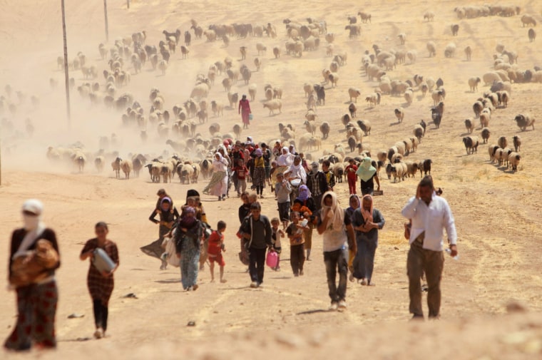 Image: Displaced people from minority Yazidi sect, fleeing violence from forces loyal to Islamic State in Sinjar town, walk towards Syrian border, on outskirts of Sinjar mountain