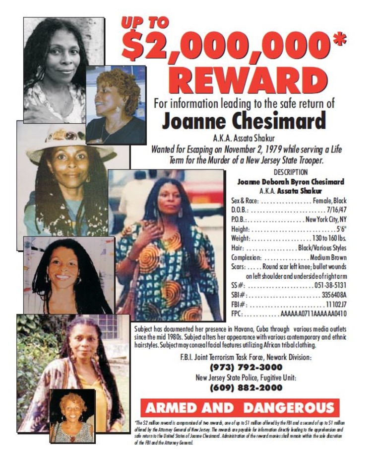 The state of New Jersey and the FBI offered a combined $2 million reward for information leading to Chesimard’s capture and arrest.