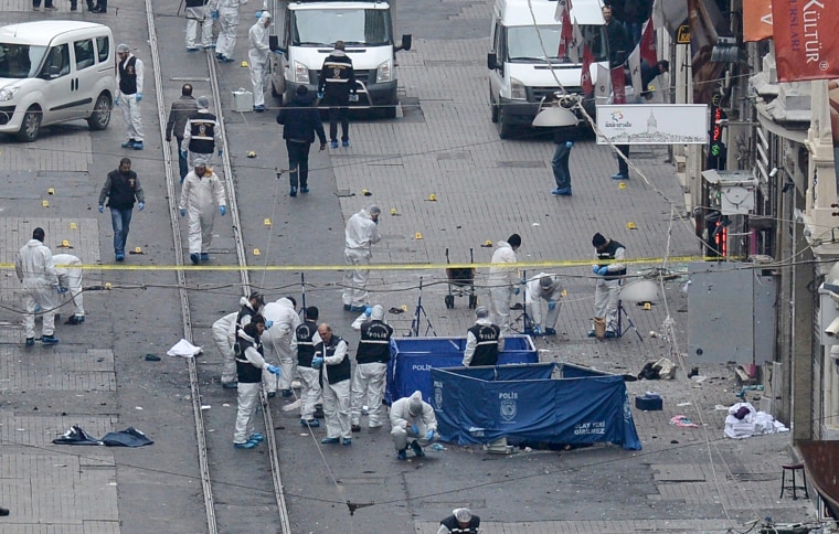 Image: Police forensic experts inspect the area after a suicide bombing in central Istanbul