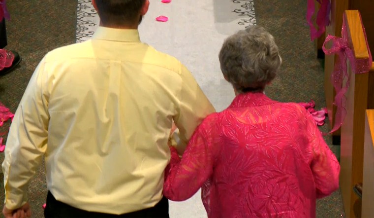 Elderly women serve as flowergirls at wedding