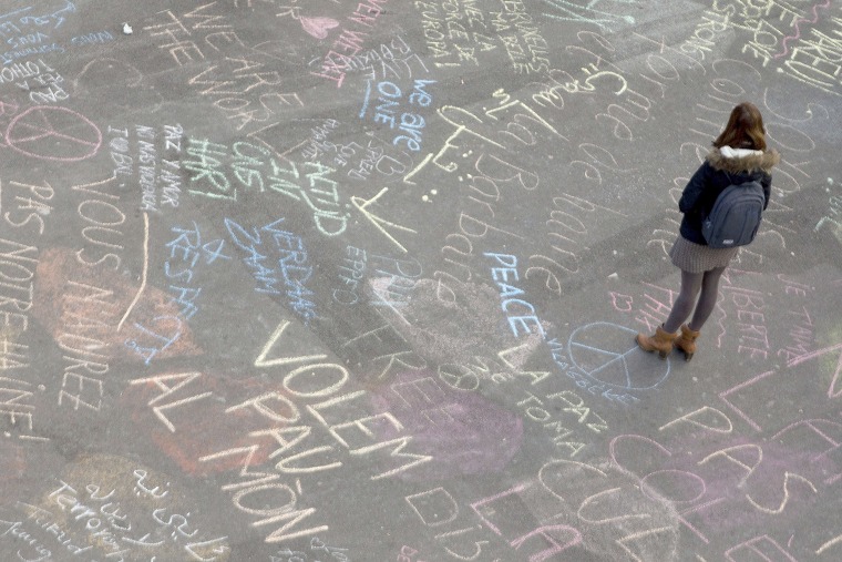 Image of chalk-written messages in Brussels' Bourse Square.
