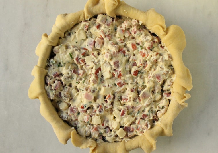 Pizza Rustica: Scrape the filling mixture into the crust and spread to an even layer