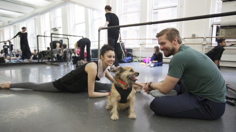 Brittany Degrofft stretches with her dog, Ranger, before practice