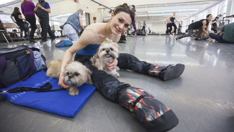 Sarah Lane poses with her two dogs Cora and Maya sit near her feet