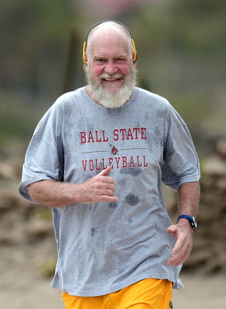 *EXCLUSIVE* A bearded David Letterman takes a run around the Caribbean islands