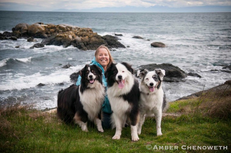 Kathleen Zuidema, with her three dogs, Mona, Finnagan and Autumn.