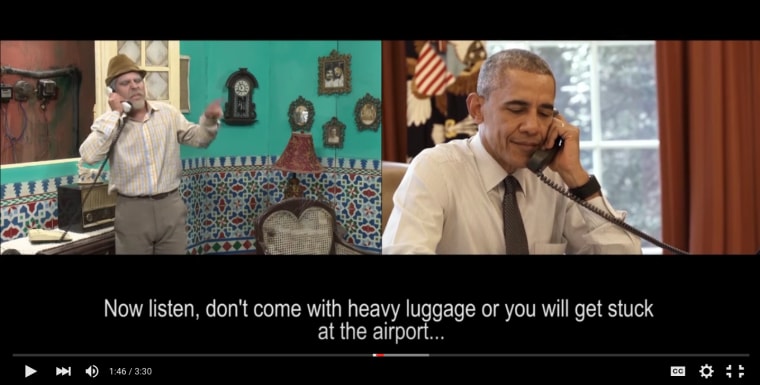 President Barack Obama talks with Cuban humorist Pánfilo during a TV show.