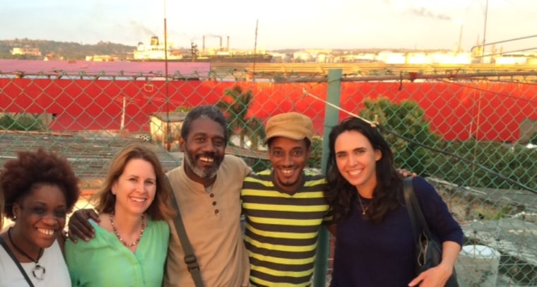 Bibi Hidalgo, who is Cuban American, with among others Cuban Professor Roberto Zurbano and lead singers of the hip-hop group Grupo Obsesion, in Havana, Cuba, February 2016.