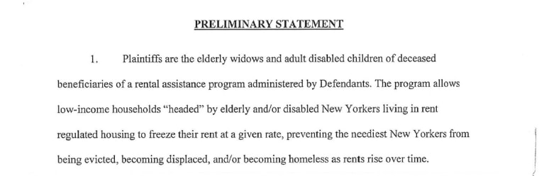 An excerpt of court documents detailing the complaints of widows and disabled adults against New York City.