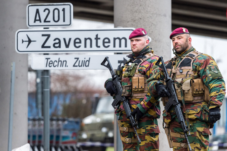 Image: Belgian Army soldiers patrol at Zaventem Airport in Brussels