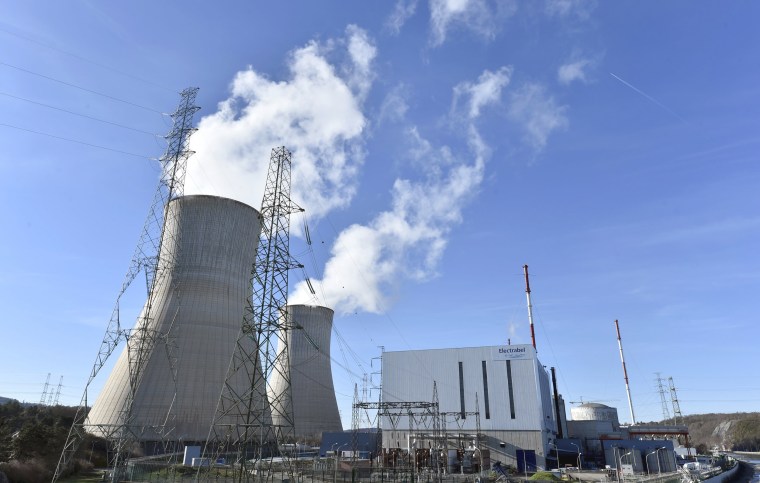 Image: Steam escapes from the cooling tower of the Tihange nuclear power station, one of the two large-scale nuclear power plants in Belgium