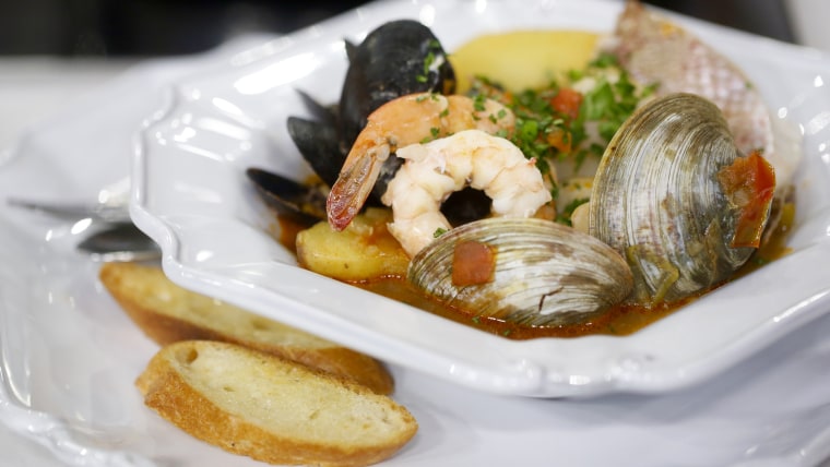 Chef Jacques Haeringer makes bouillabaise, a French seafood stew
