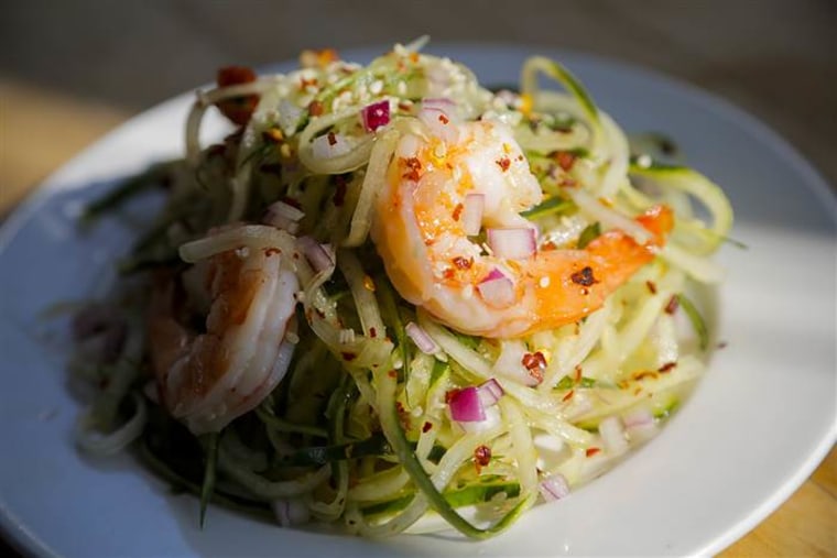 Paleo-friendly, gluten-free recipe fpr sweet-and-sour cucumber noodles with shrimp