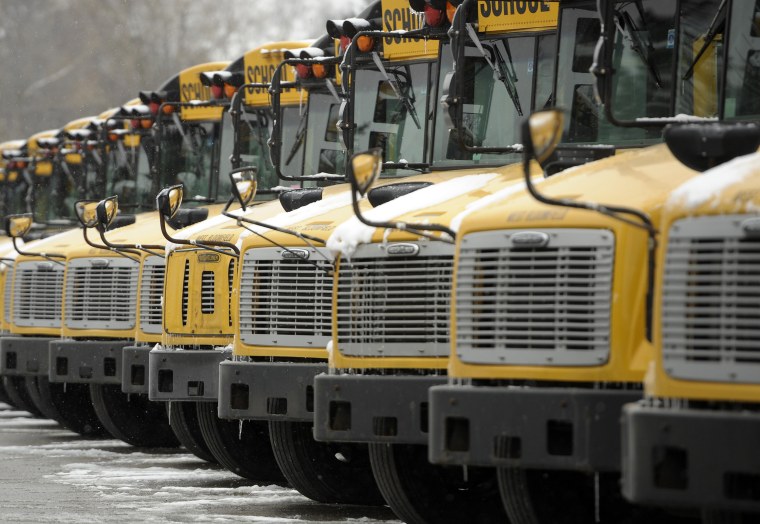 A row of school buses.
