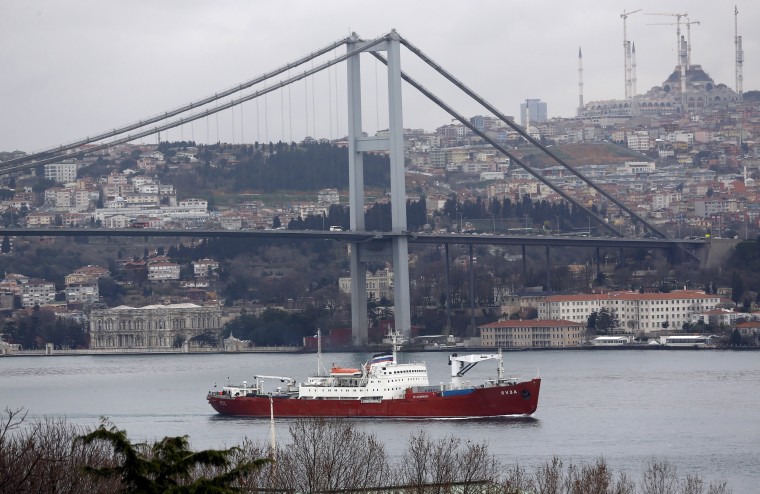 Image: The Russian Navy's transport ship Yauza sets sail in the Bosphorus, on its way to the Mediterranean Sea, in Istanbul