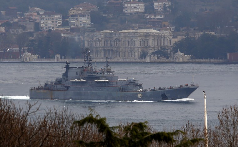 Image: The Russian Navy's landing ship Alexander Otrakovsky sails in the Bosphorus, on its way to the Mediterranean Sea, in Istanbul