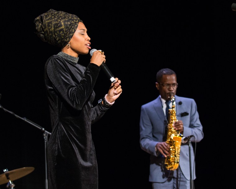 Singer Jazzmeia Horn and saxophonist Mark Gross perform during the ceremony.