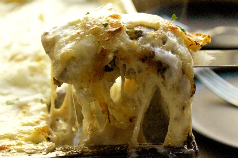 Four Cheese Wild Mushroom Lasagna: Cut into squares