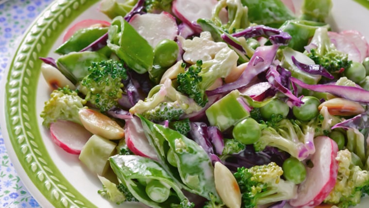 Chopped Salad with Broccoli, Sugar Snap Peas, Radishes, Red Cabbage, Almonds; Shutterstock ID 401034352; PO: today.com mish