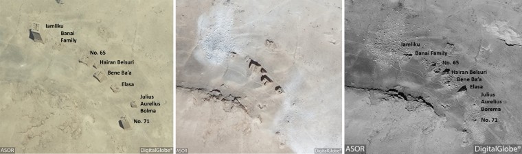 This combination of three satellite images shows on the left, the Valley of Tombs site in Palmyra. Syria on June 26, 2015, a month after ISIS took over, with no visible destruction. The center image shows the Valley of Tombs on Sept. 2, 2015, with visible damage to the tombs of Iamliku, the Banai Family, and Julius; and on the right, the Valley of Tombs on March 30, 2016, there is visible damage to the tombs (from north to south) No. 65, Hairan Belsuri, Bene Ba’a, and Elasa.