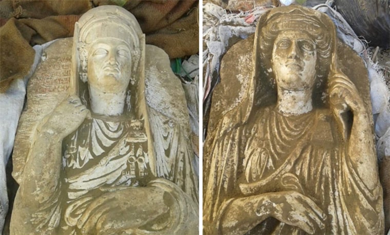 Never–before published images of two recently excavated Palmyrene statues about to be sold during an ISIS public antiquities auction in Raqqa.