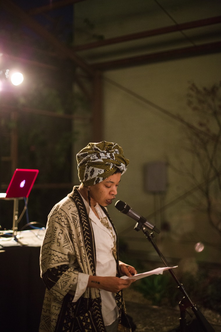 Rasheeda Phillips, sci-fi writer and creator of the Afrofuturist Affair, addresses the crowd at the Radio Imagination launch celebration.