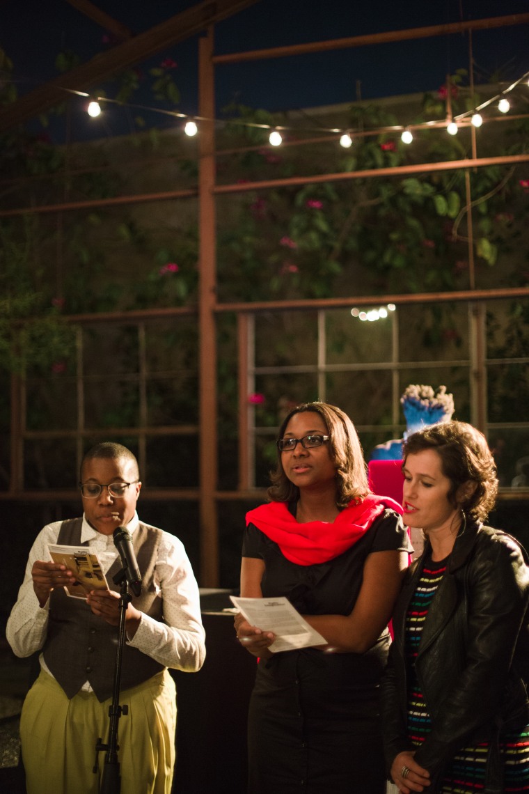 (Right to left) Julia Meltzer, director of Clockshop joins Moya Bailey and Ayana Jamieson of the Octavia E. Butler Legacy Network in a call-and-response reading of an Earthseed verse from Butler's Parable of the Sower.