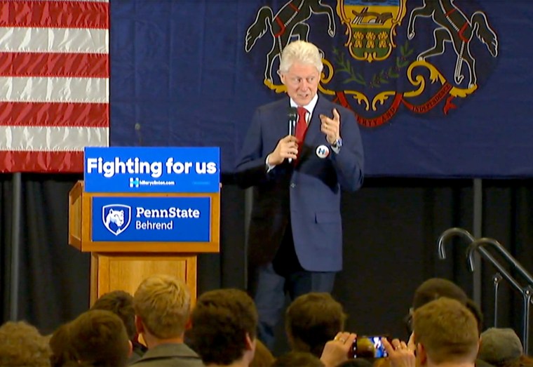 Bill Clinton addresses a crowd on the morning of Friday, April 8 in Erie, Pennsylvania.