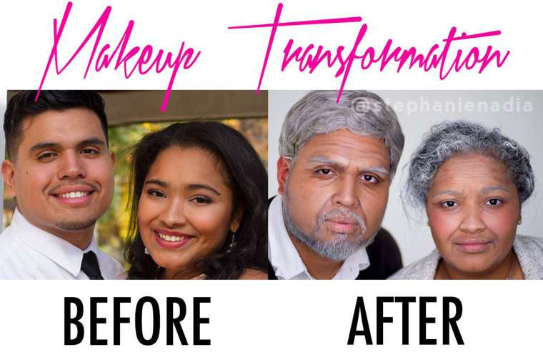 A makeup artist who transformed three couples into older versions of themselves, using wigs and makeup