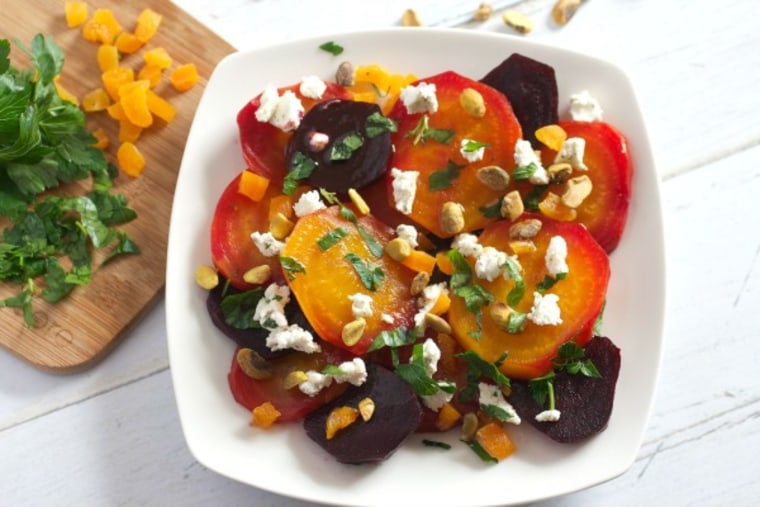 Beet salad with goat cheese, apricots and pistachios by Food Club member Tasty Ever After