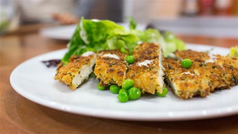 Chicken Schnitzel with Little Gem and Pea Caesar Salad