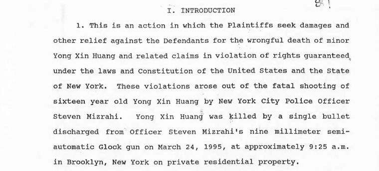 An excerpt of court documents detailing the Huang family's lawsuit against the NYPD.