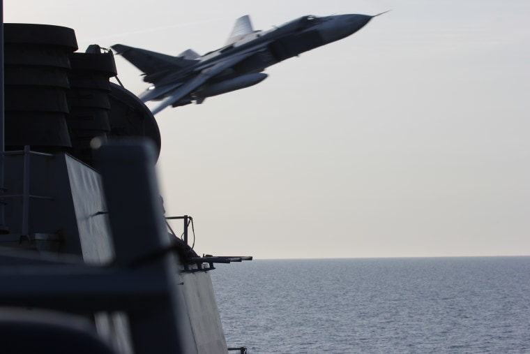 A Russian Su-24 attack plane buzzes the USS Donald Cook on Tuesday.