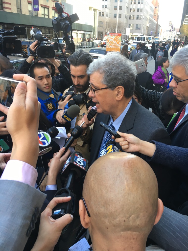 Paul Shechtman, one of Peter Liang's attorneys, addresses reporters outside Brooklyn Supreme Court on Wednesday, April 13, 2016, after a hearing to determine whether juror Michael Vargas, 62, lied during jury selection.