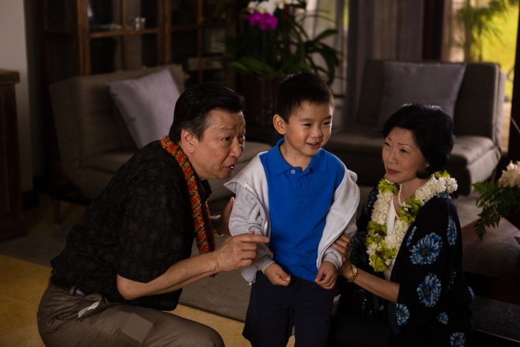Tzi Ma, Maddox Lim, and Elizabeth Sung in a still from "Pali Road," a romantic thriller set in Hawaii.